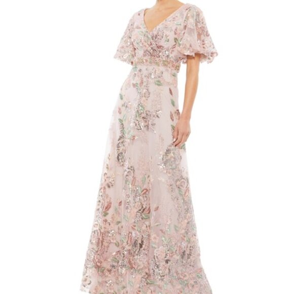 Mac Duggal FLORAL EMBELLISHED SHORT SLEEVE GOWN - Size 16